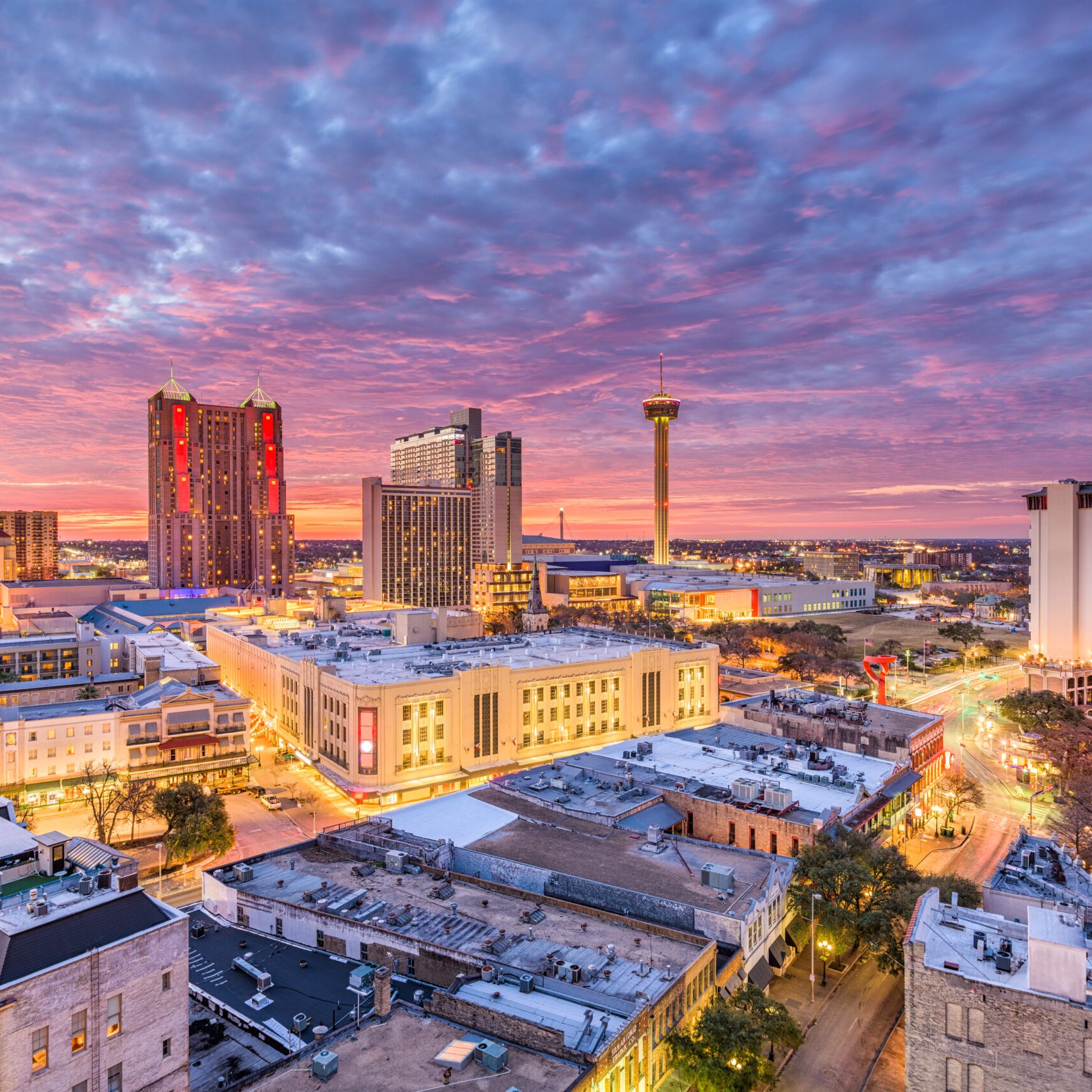 San Antonio, Texas, USA downtown city skyline at dusk.